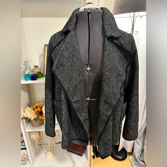 Lucky Brand Wool Blend Pea Coat Black Gray Double-Breasted Button-Up Jacket Sz M - Picture 5 of 15